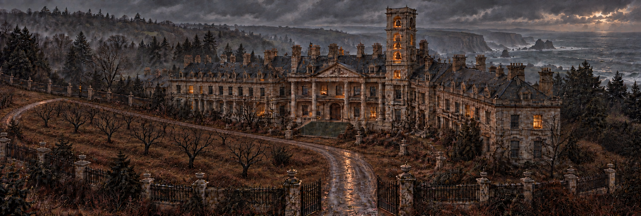 Eldritch Manor above a stormy Atlantic coast